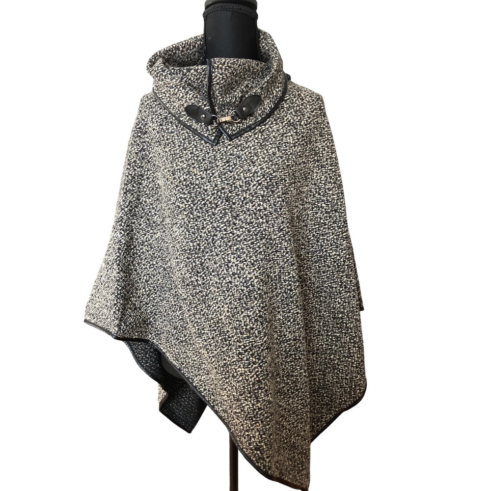Black White Tweed Funnel Neck Poncho Cape with Faux Leather Toggle Trim One Size